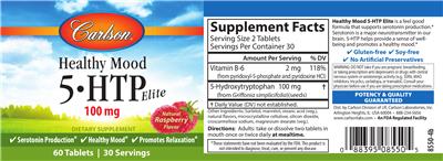 Photo of the Carlson Healthy Mood 5-HTP Elite 100 mg Natural Raspberry Flavor label