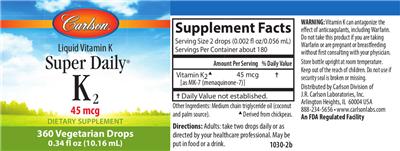 Photo of the Carlson Super Daily K2 45 mcg label