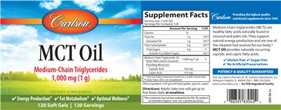 Photo of the Carlson MCT Oil 1,000 mg (1 g) label