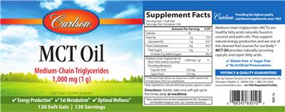 Photo of the Carlson MCT Oil 1,000 mg (1 g) label