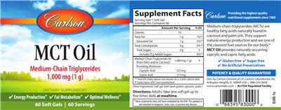 Photo of the Carlson MCT Oil 1000 mg (1 g) label