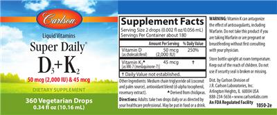 Photo of the Carlson Super Daily D3+K2 50 mcg (2,000 IU) & 45 mcg label