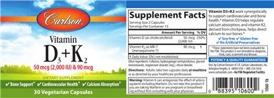 Photo of the Carlson Vitamin D3 50 mcg (2,000 IU) + K2 90 mcg label