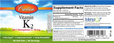 Photo of the Carlson Vitamin K2 MK-7 (Menaquinone-7) 90 mcg label