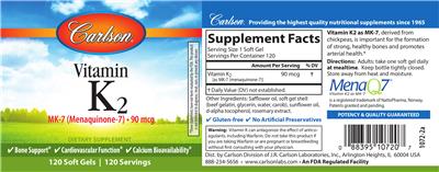 Photo of the Carlson Vitamin K2 MK-7 (Menaquinone-7) 90 mcg label