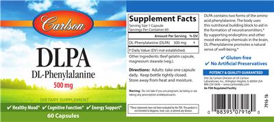 Photo of the Carlson DLPA DL-Phenylalanine 500 mg label