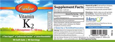 Photo of the Carlson Vitamin K2 MK-7 (Menaquinone-7) 180 mcg label