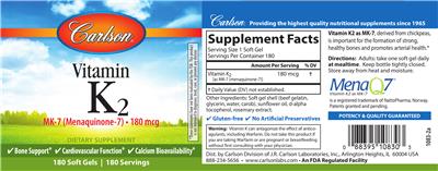 Photo of the Carlson Vitamin K2 MK-7 (Menaquinone-7) 180 mcg label
