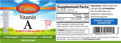 Photo of the Carlson Vitamin A 10,000 IU (3,000 mcg RAE) label