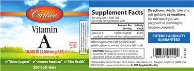 Photo of the Carlson Vitamin A 10,000 IU (3,000 mcg RAE) label