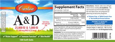 Photo of the Carlson A & D 25,000 IU (7,500 mcg RAE) & 1,000 IU (25 mcg) label