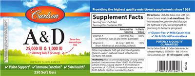 Photo of the Carlson A & D 25,000 IU (7,500 mcg RAE) 1,000 IU (25 mcg) label