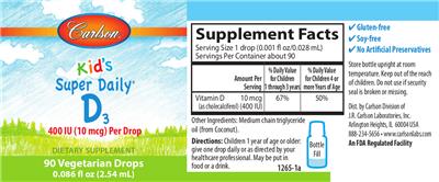 Photo of the Carlson Kid's Super Daily D3 400 IU (10 mcg) label