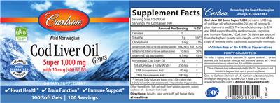 Photo of the Carlson Cod Liver Oil Gems Super 1,000 mg with 10 mcg (400 IU) D3 label