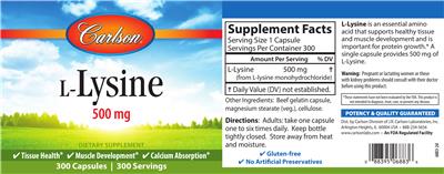Photo of the Carlson L-Lysine 500 mg label