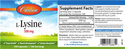Photo of the Carlson L-Lysine 500 mg label