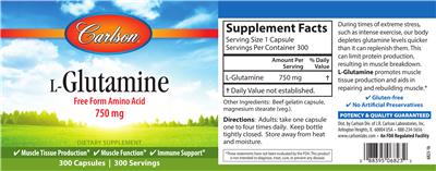 Photo of the Carlson L-Glutamine 750 mg label
