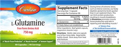 Photo of the Carlson L-Glutamine 750 mg label