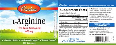 Photo of the Carlson L-Arginine 675 mg label