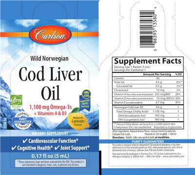 Photo of the Carlson Cod Liver Oil Natural Lemon Flavor label