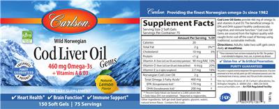 Photo of the Carlson Cod Liver Oil Gems Natural Lemon Flavor label