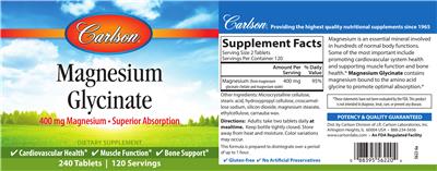 Photo of the Carlson Magnesium Glycinate label