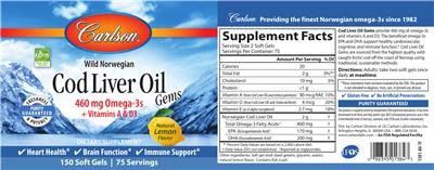 Photo of the Carlson Cod Liver Oil Gems Natural Lemon Flavor label