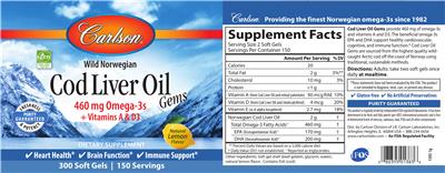 Photo of the Carlson Cod Liver Oil Gems Natural Lemon Flavor label