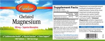 Photo of the Carlson Chelated Magnesium 200 mg label