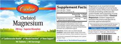 Photo of the Carlson Chelated Magnesium 200 mg label