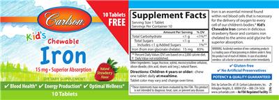 Photo of the Carlson Kid's Chewable Iron 15 mg Natural Strawberry Flavor label