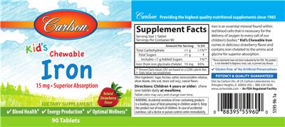 Photo of the Carlson Kid's Chewable Iron 15 mg Natural Strawberry Flavor label