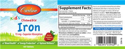 Photo of the Carlson Kid's Chewable Iron 15 mg Natural Strawberry Flavor label
