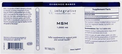 Photo of the Integrative Therapeutics MSM label
