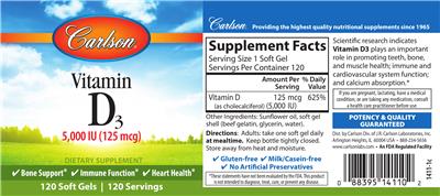 Photo of the Carlson Vitamin D3 5,000 IU (125 mcg) label