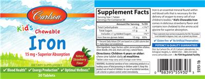 Photo of the Carlson Kid's Chewable Iron 15 mg Natural Strawberry Flavor label