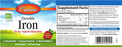 Photo of the Carlson Chewable Iron 30 mg Natural Strawberry Flavor label