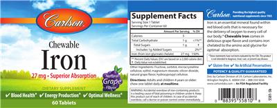 Photo of the Carlson Chewable Iron 27 mg Natural Grape Flavor label