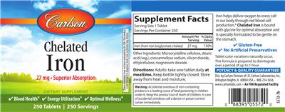 Photo of the Carlson Chelated Iron 27 mg label