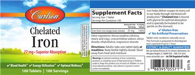 Photo of the Carlson Chelated Iron 27 mg label