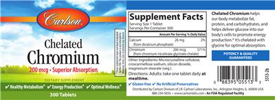 Photo of the Carlson Chelated Chromium 200 mcg label