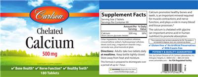 Photo of the Carlson Chelated Calcium 500 mg label