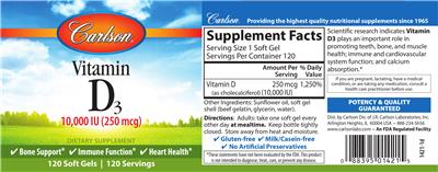 Photo of the Carlson Vitamin D3 10,000 IU (250 mcg) label