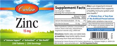 Photo of the Carlson Zinc 15 mg label