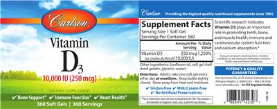 Photo of the Carlson Vitamin D3 10,000 IU (250 mcg) label