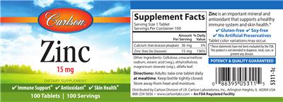 Photo of the Carlson Zinc 15 mg label