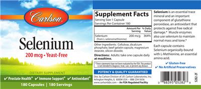 Photo of the Carlson Selenium 200 mcg label
