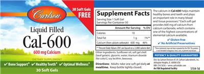 Photo of the Carlson Liquid Filled Cal-600 600 mg label