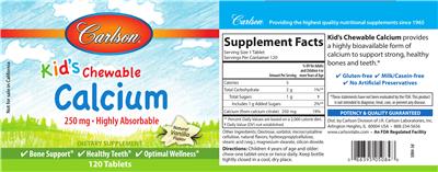 Photo of the Carlson Kid's Chewable Calcium 250 mg Natural Vanilla Flavor label