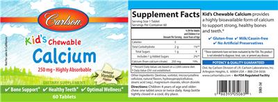 Photo of the Carlson Kid's Chewable Calcium 250 mg Natural Vanilla Flavor label